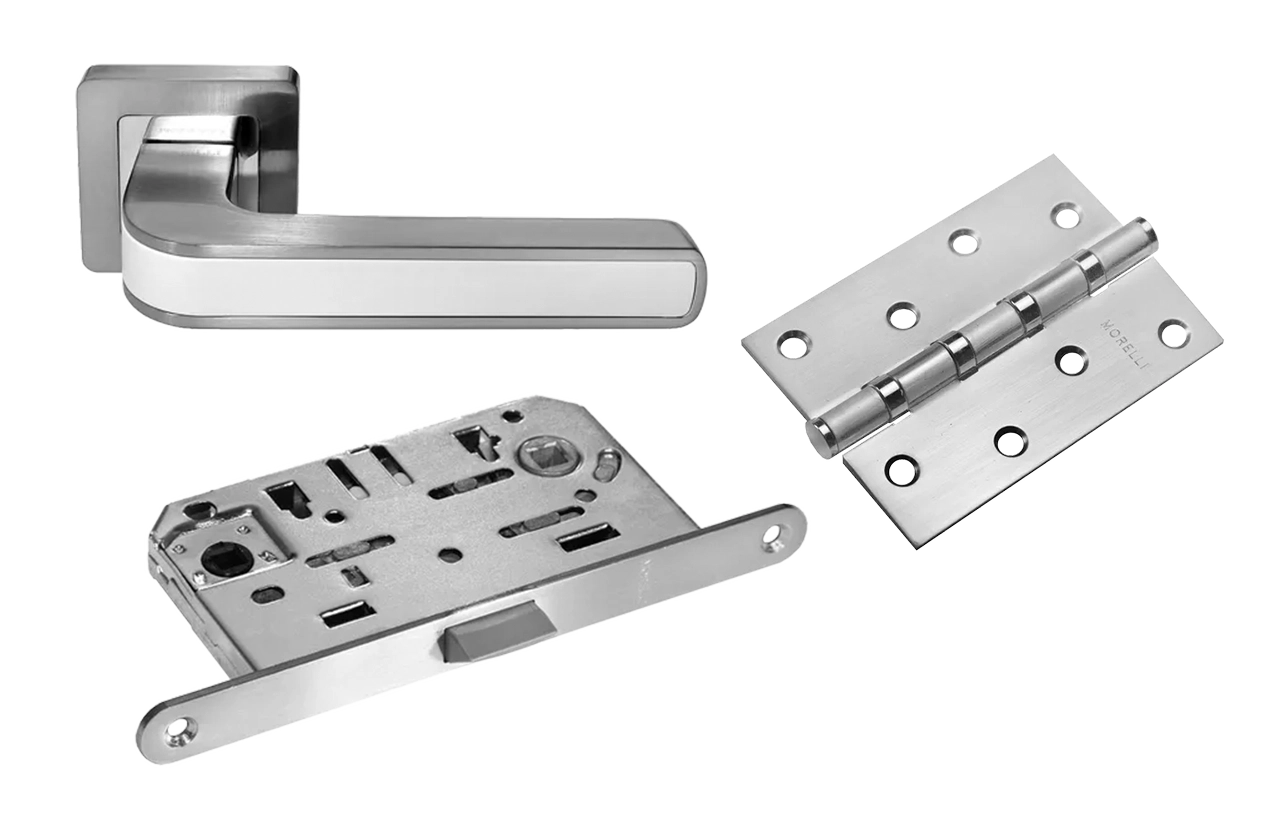 Комплект дверных ручек MH-46 SC/W-S55 + завертка сантехническая MH-WC-S55 SC/CP + защёлка бесшумная 1895P SC + петли врезные универсальные MSN 100X70X2.5-4BB SC (2шт)