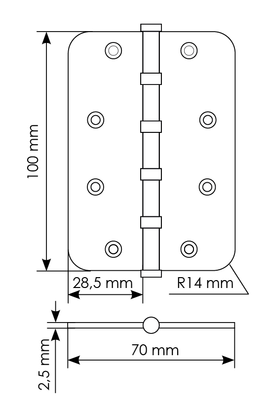 Петля стальная MSN-C 100X70X2.5-4BB SG скругленная универсальная с подшипником, вес полотна до 40 кг, цвет матовое золото фото купить в Нижнем Новгороде